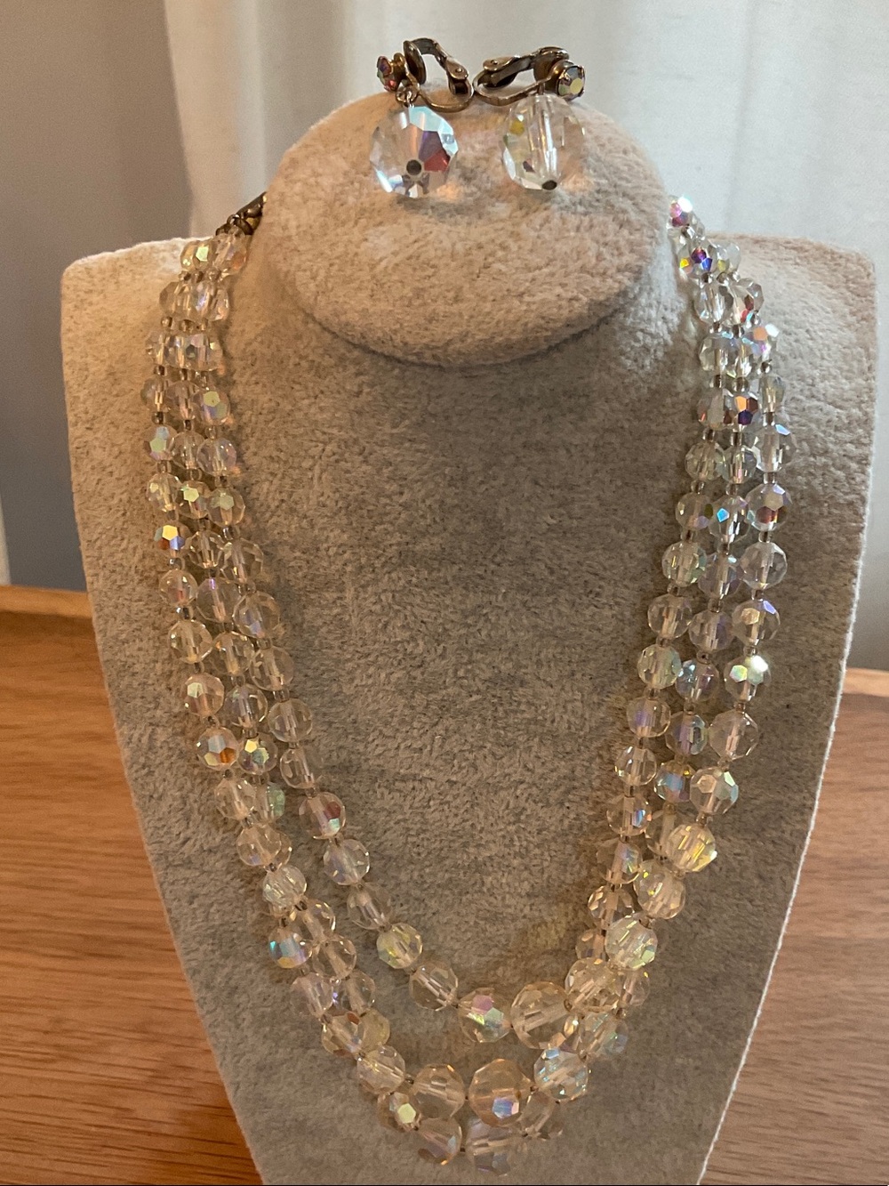 Vintage 1950’s Aurora Borealis Crystal Three-Strand Necklace and Clip on earring